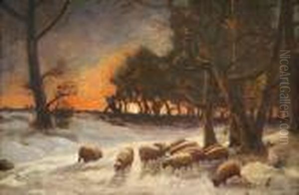 Sheep In Snow Oil Painting by Joseph Farquharson