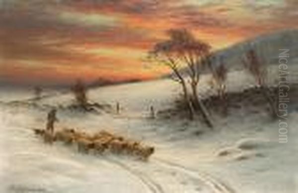 When Day Expiring In The West, The Shepherd Tends His Flock Oil Painting by Joseph Farquharson