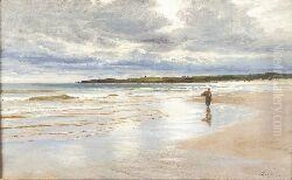 Fisherwoman On A Deserted Sandy Beach Oil Painting by Joseph Farquharson