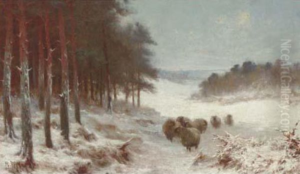 Sheep In A Snowy Landscape Oil Painting by Joseph Farquharson