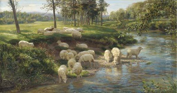 Sheep Grazing By A River Oil Painting by Joseph Farquharson