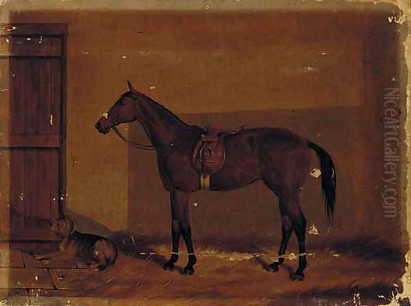 A saddled chestnut hunter with a dog in a stable Oil Painting by Henry Frederick Lucas-Lucas