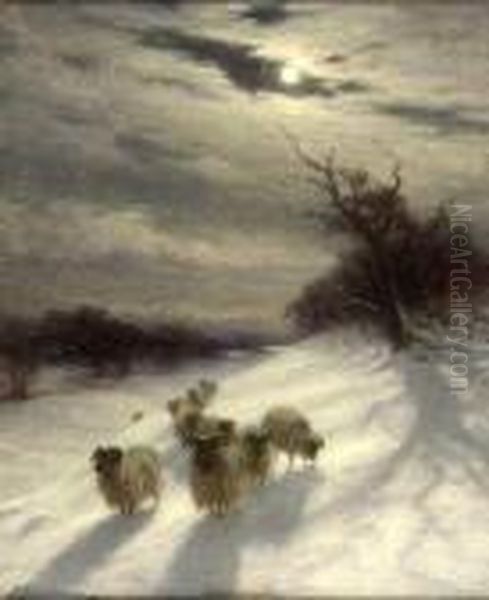 Sheep In A Snowy Landscape By Moonlight Oil Painting by Joseph Farquharson