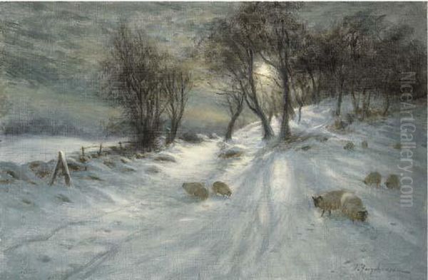 Sheep In The Moonlit Snow Oil Painting by Joseph Farquharson