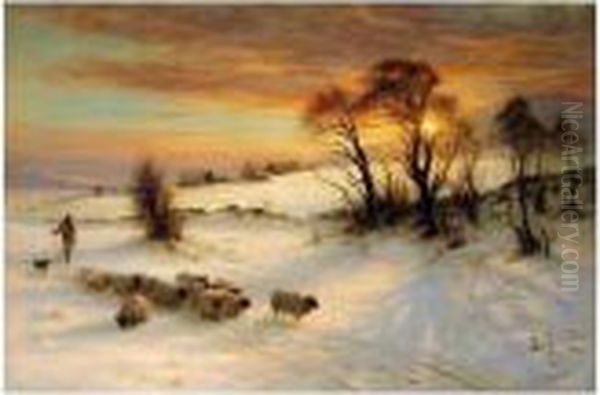 Herding Sheep In A Winter Landscape At Sunset Oil Painting by Joseph Farquharson