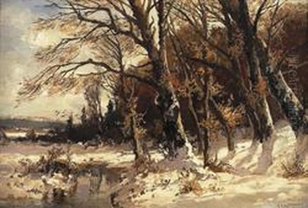 A Snow Covered Wodland Landscape Oil Painting by Joseph Farquharson