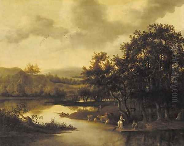 A wooded river landscape with cattle and peasants Oil Painting by Jan De Lagoor