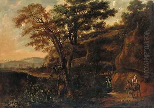 A wooded landscape with a traveller on a donkey Oil Painting by Jan Lagoor