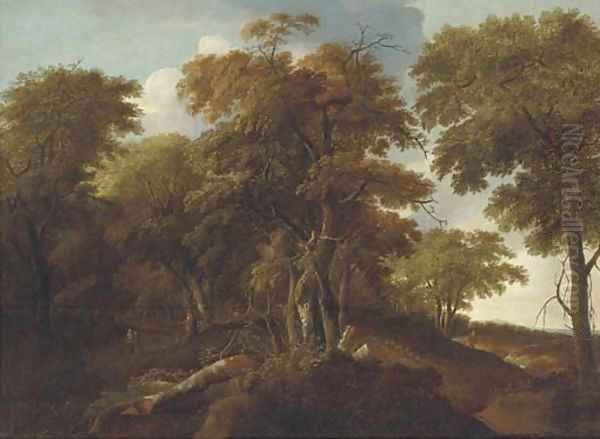 An extensive wooded landscape with travellers on a track Oil Painting by Jan Lagoor