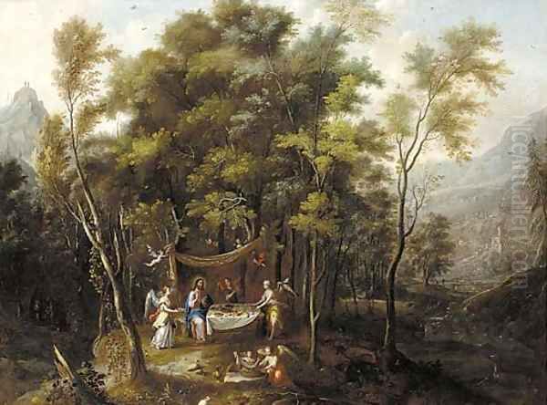 An extensive wooded landscape with the Temptation of Christ Oil Painting by Jan Looten