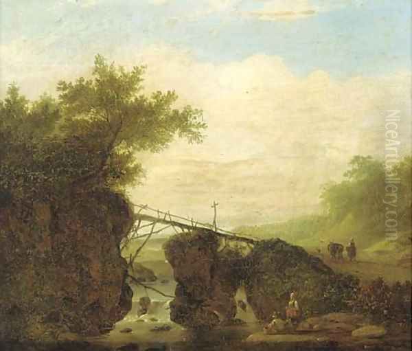 A landscape with a bridge over a waterfall and figures on a path Oil Painting by Jan Looten