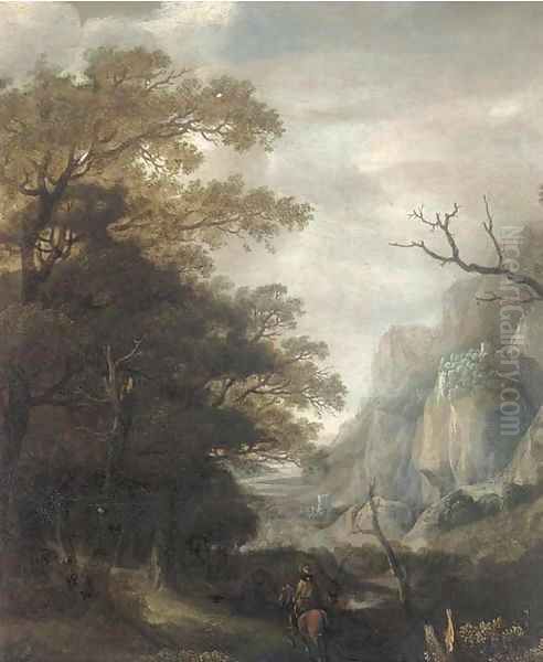 A mountainous landscape with a horseman on a wooded track Oil Painting by Jan Looten