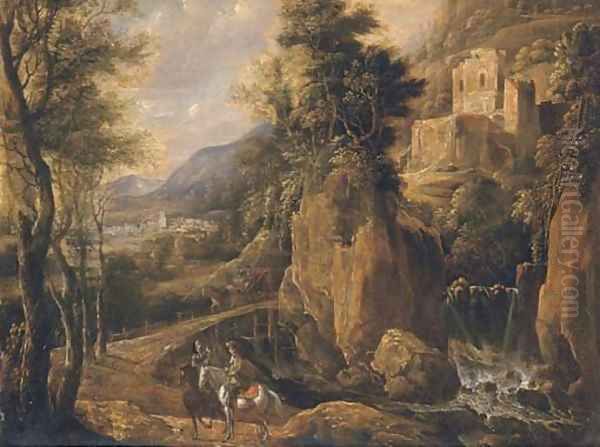 A wooded landscape with travellers on a path by a waterfall Oil Painting by Jan Looten