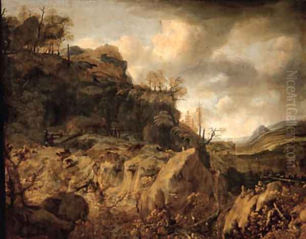 An extensive mountainous landscape with a huntsman and travellers on a path beyond Oil Painting by Jan Looten