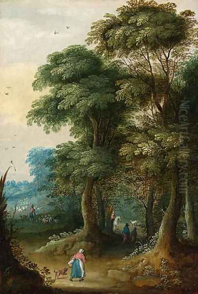 A wooded landscape with a traveller on a horse; and Peasants in a wooded landscape Oil Painting by Jasper van der Laanen