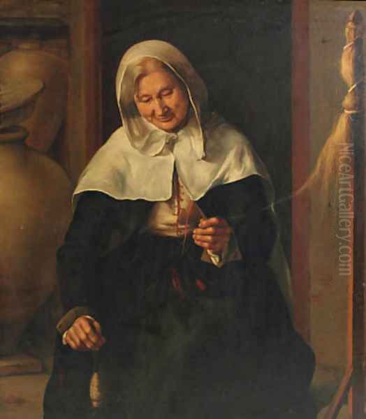 An old lady carding wool in an interior Oil Painting by Louis Lenain