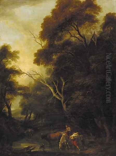 A wooded landscape with drovers at a ford Oil Painting by Philip Jacques de Loutherbourg