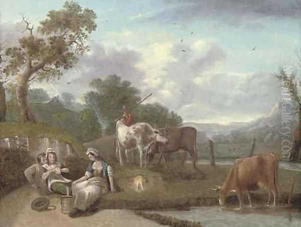 A wooded river landscape with cattle and figures in the foreground, cottages beyond Oil Painting by Philip Jacques de Loutherbourg