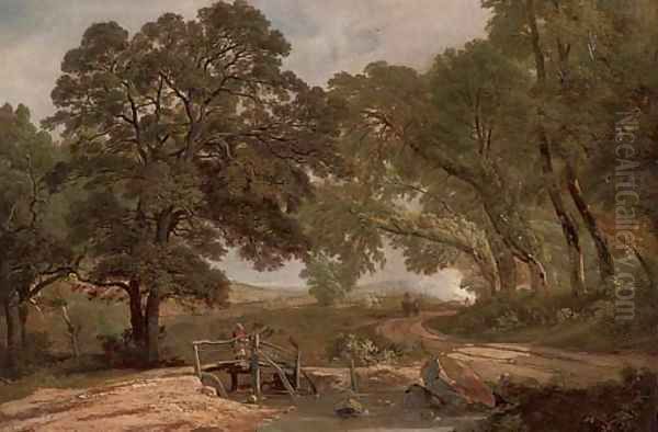 A figure beside a wooded pool Oil Painting by Robert Ladbrooke