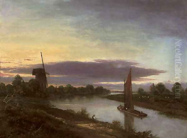 Boats on a river, a windmill beyond Oil Painting by Robert Ladbrooke