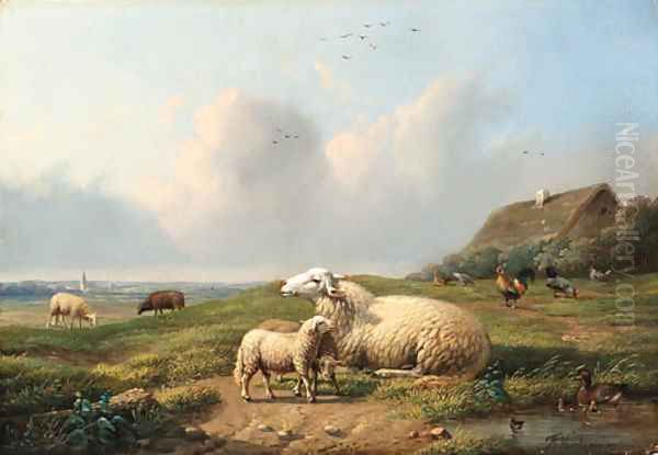 A pastorale landscape with sheep, chickens and ducks Oil Painting by Frans Van Leemputten