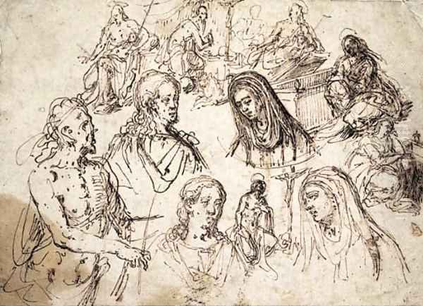 Studies for the Mocking of Christ, the Baptist, the Magdalene, Saint Jerome and heads of Christ and the Virgin Oil Painting by Giovanni Paolo Luini