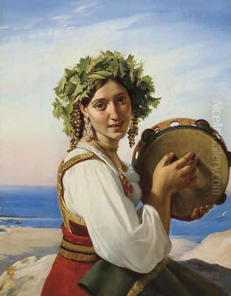 A young woman with a tambourine in Ischia ('Le tambour de basque') Oil Painting by Jean-Claude Bonnefond Lyon