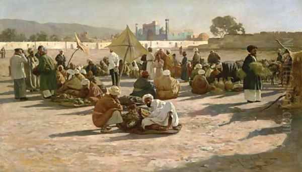 Early morning market in Samarkand Oil Painting by Johannes Leonhard