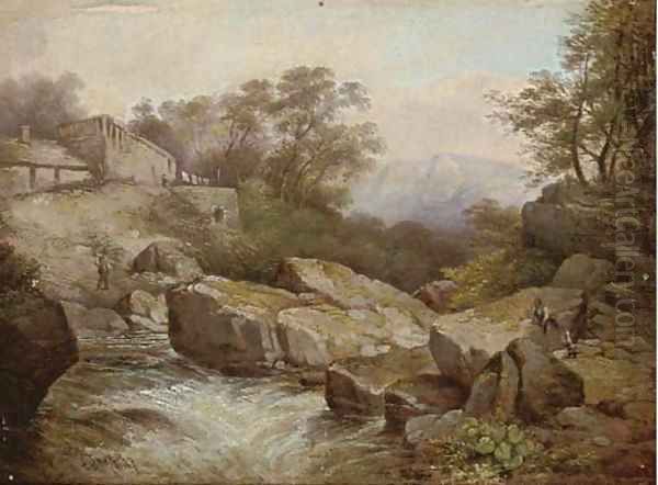 Figures by a cottage beside a river in spate Oil Painting by Thomas Baker Of Leamington