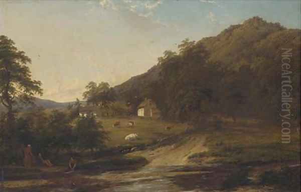 Figures by a river with cottages beyond Oil Painting by Thomas Baker Of Leamington