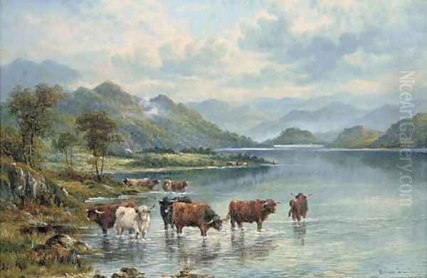 Cattle watering in a lake landscape Oil Painting by William Langley