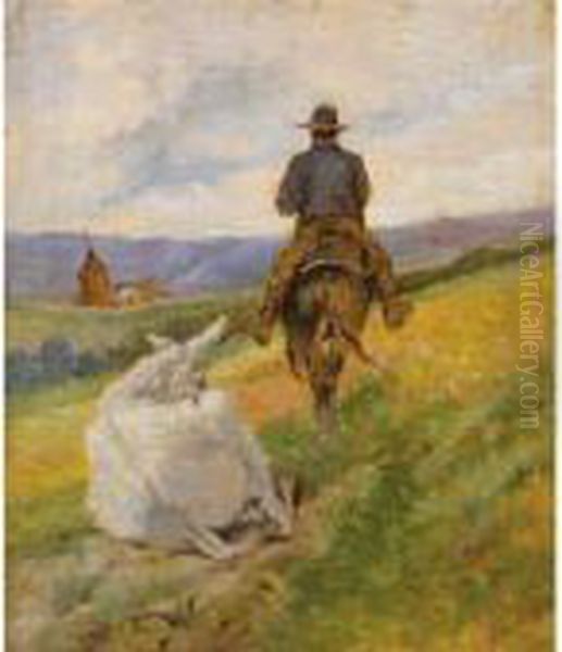 Buttero A Cavallo E Mulo Bianco Oil Painting by Giovanni Fattori