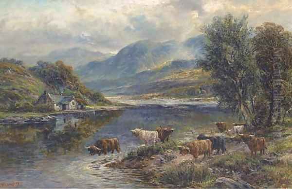 Highland cattle watering at a loch Oil Painting by William Langley