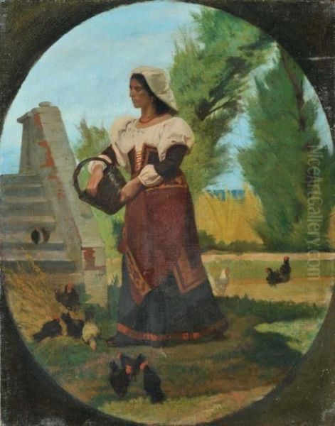 Cortile Rustico Con Contadina Oil Painting by Giovanni Fattori