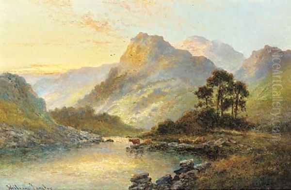 Cattle watering at dusk in a highland landscape Oil Painting by William Langley