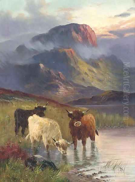 Cattle watering, sunset; and Cattle grazing Oil Painting by William Langley