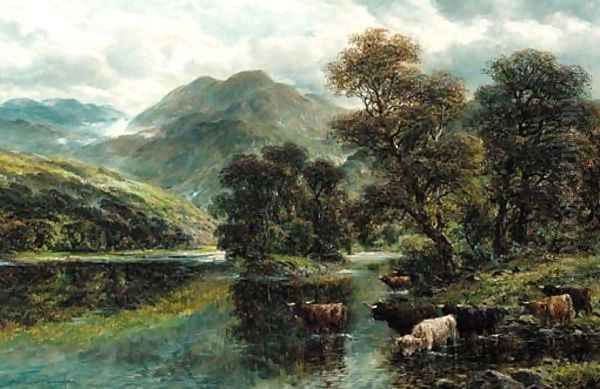 Highland cattle watering in a mountainous landscape Oil Painting by William Langley