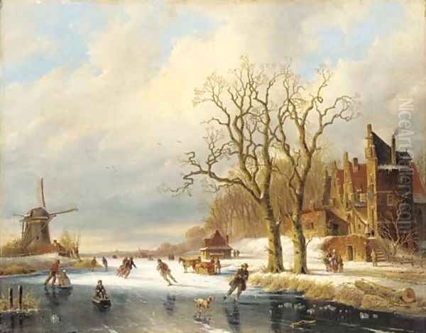 Skaters in a winter landscape 2 Oil Painting by Charles Henri Joseph Leickert