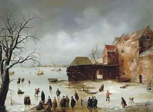 Figures on a frozen lake Oil Painting by Charles Henri Joseph Leickert