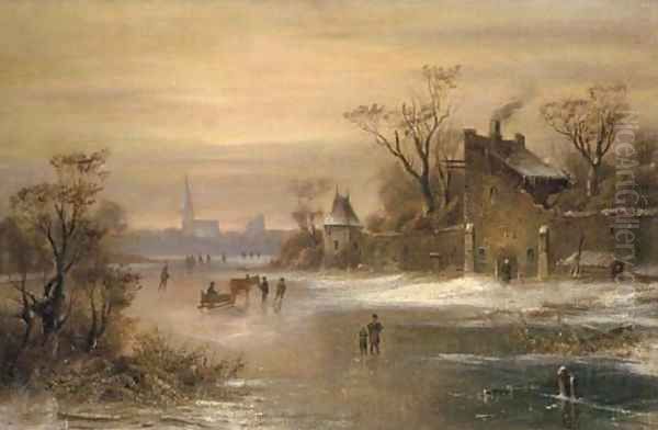 Skaters and a horse-drawn sledge on a frozen river Oil Painting by Charles Henri Joseph Leickert