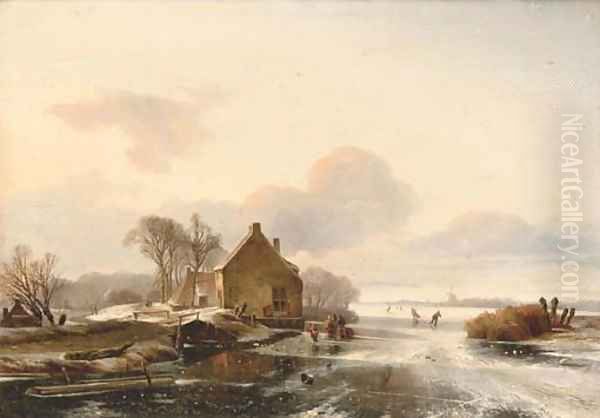 Skaters by a cottage in a Dutch winter landscape Oil Painting by Charles Henri Joseph Leickert