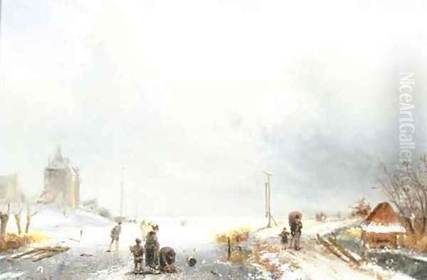 Skaters in a winter landscape Oil Painting by Charles Henri Joseph Leickert