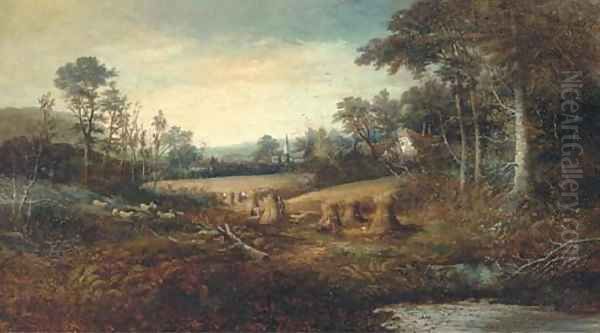 Hay making, with church in the distance Oil Painting by Charles Leaver