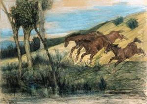 Cavalli In Fuga Oil Painting by Giovanni Fattori