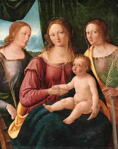 The Madonna and Child with Saint Catherine of Alexandria and another Saint Oil Painting by Giovanni Agostino Da Lodi