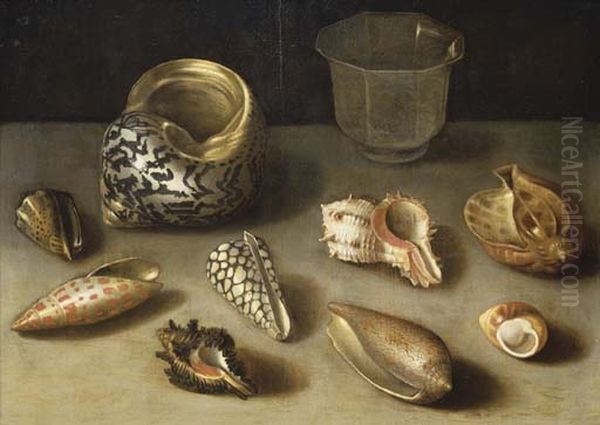 Exotic shells on a table with a glass beaker Oil Painting by Jacques Linard