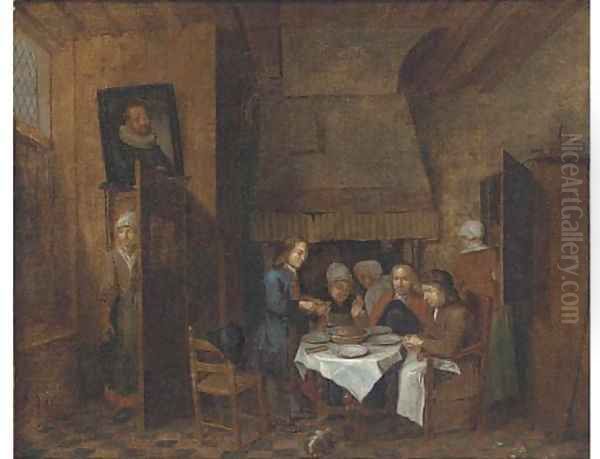 A dining room interior with a group eating Oil Painting by Jan Baptist Lambrechts