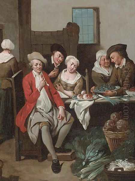 Peasants at a table with fruit and vegetables in an interior Oil Painting by Jan Baptist Lambrechts