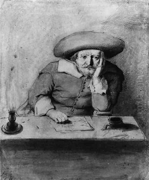 A pondering Man in a Hat at a candle-lit Table Oil Painting by Jan Lievens