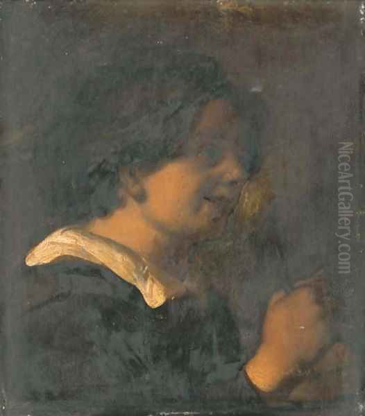 A young boy, bust-length, playing a rommelpot Oil Painting by Jan Lievens